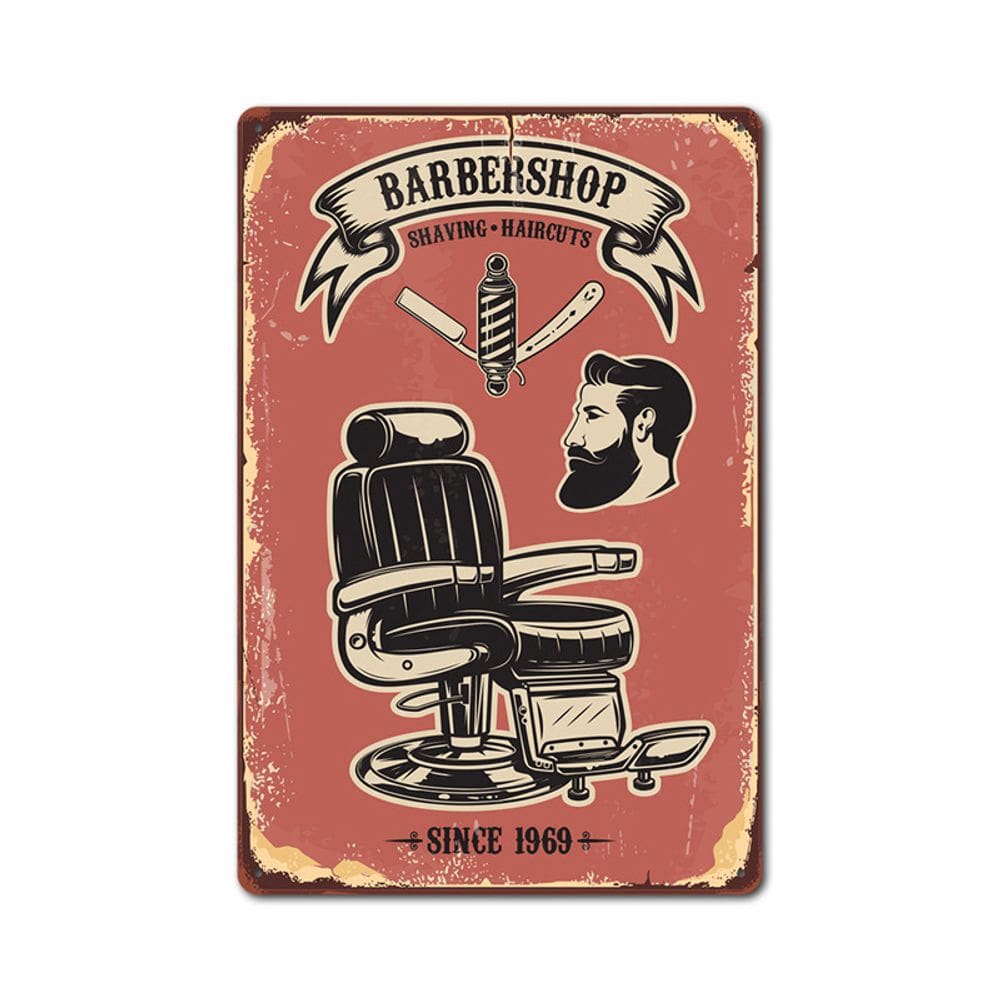 Decoração de parede: placa de pintura em metal e ferro, barbearia vintage
