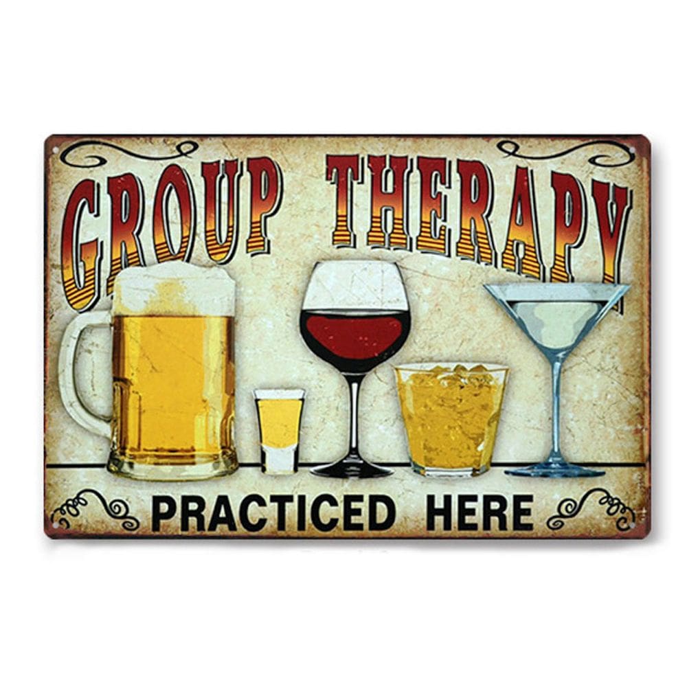 Terapia de grupo de decoração de parede com placa de estanho metálico praticada aqui