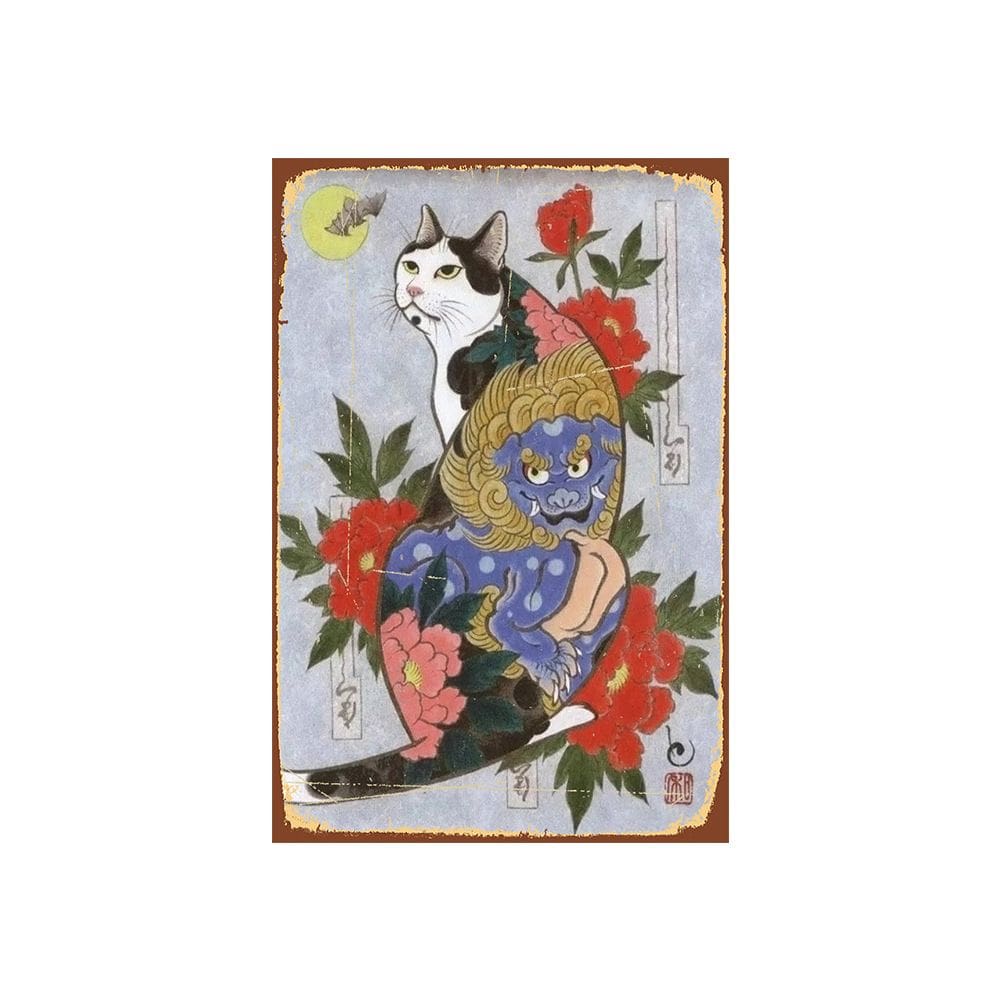 Pôster de pintura em ferro para decoração de parede Tatuagem surreal de gato japonês