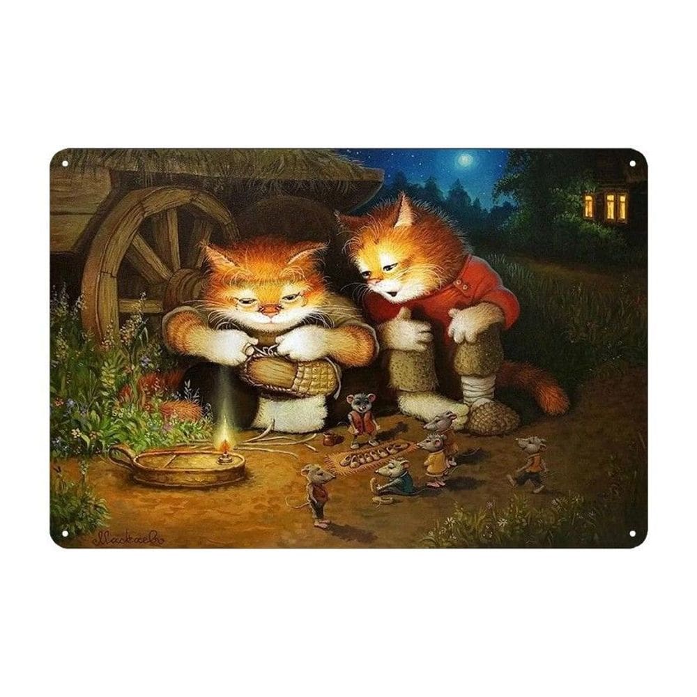 Pintura em ferro, decoração de parede, desenhos animados vintage, gatos e ratos