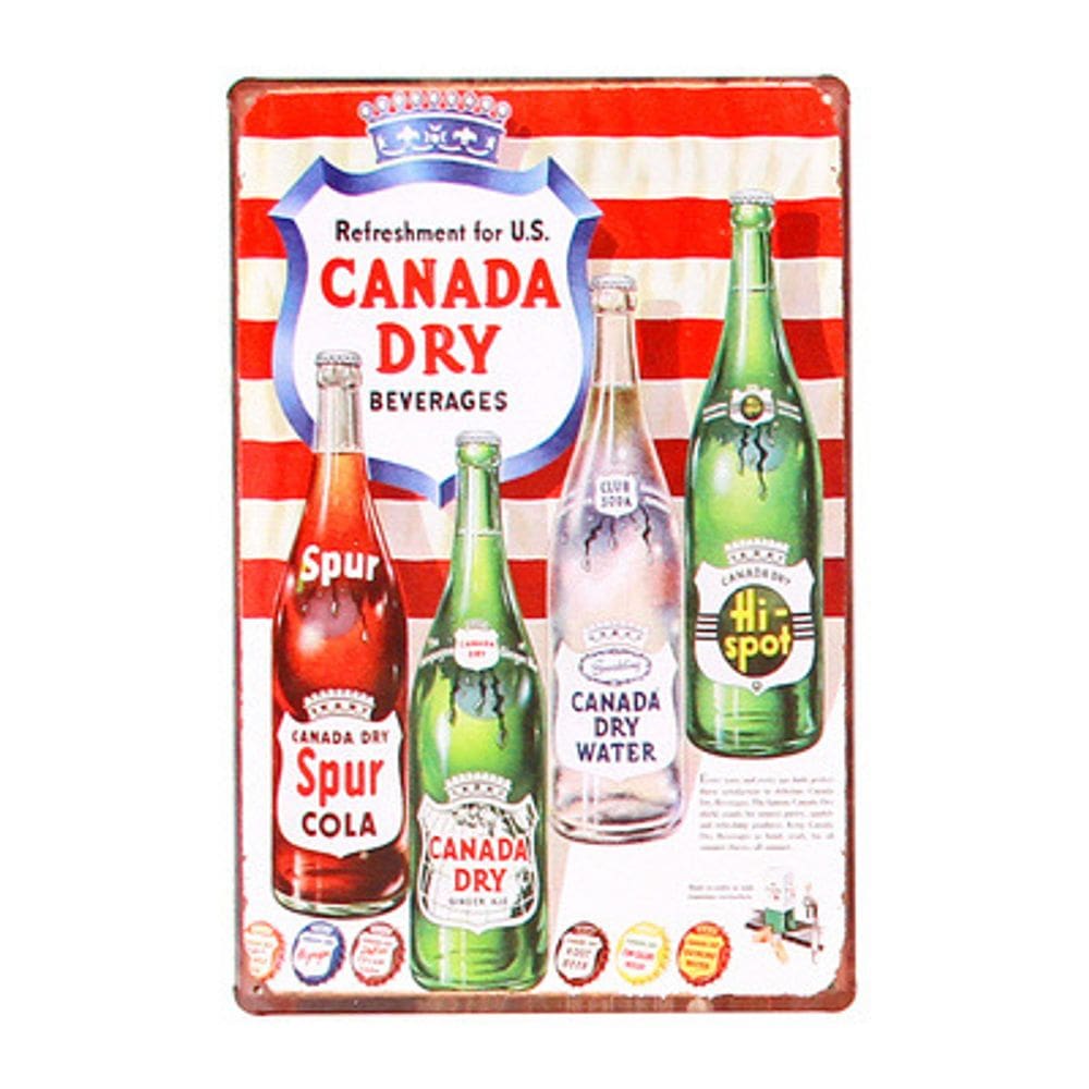 Decoração de parede com letreiro de estanho Vintage Canada Dry Beverages 20x30cm