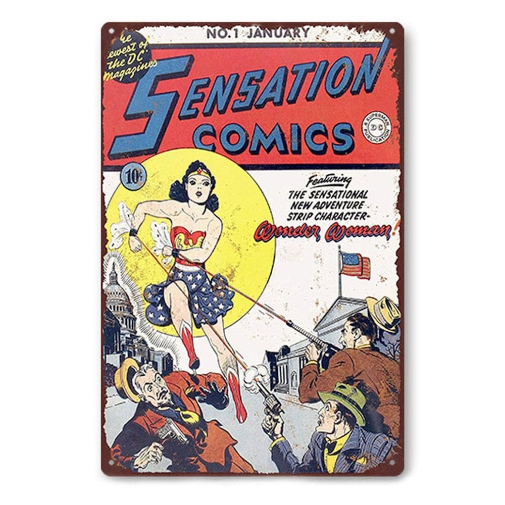 Pôster de quadrinhos vintage da Mulher Maravilha com decoração de parede com letreiro de estanho 20x30cm