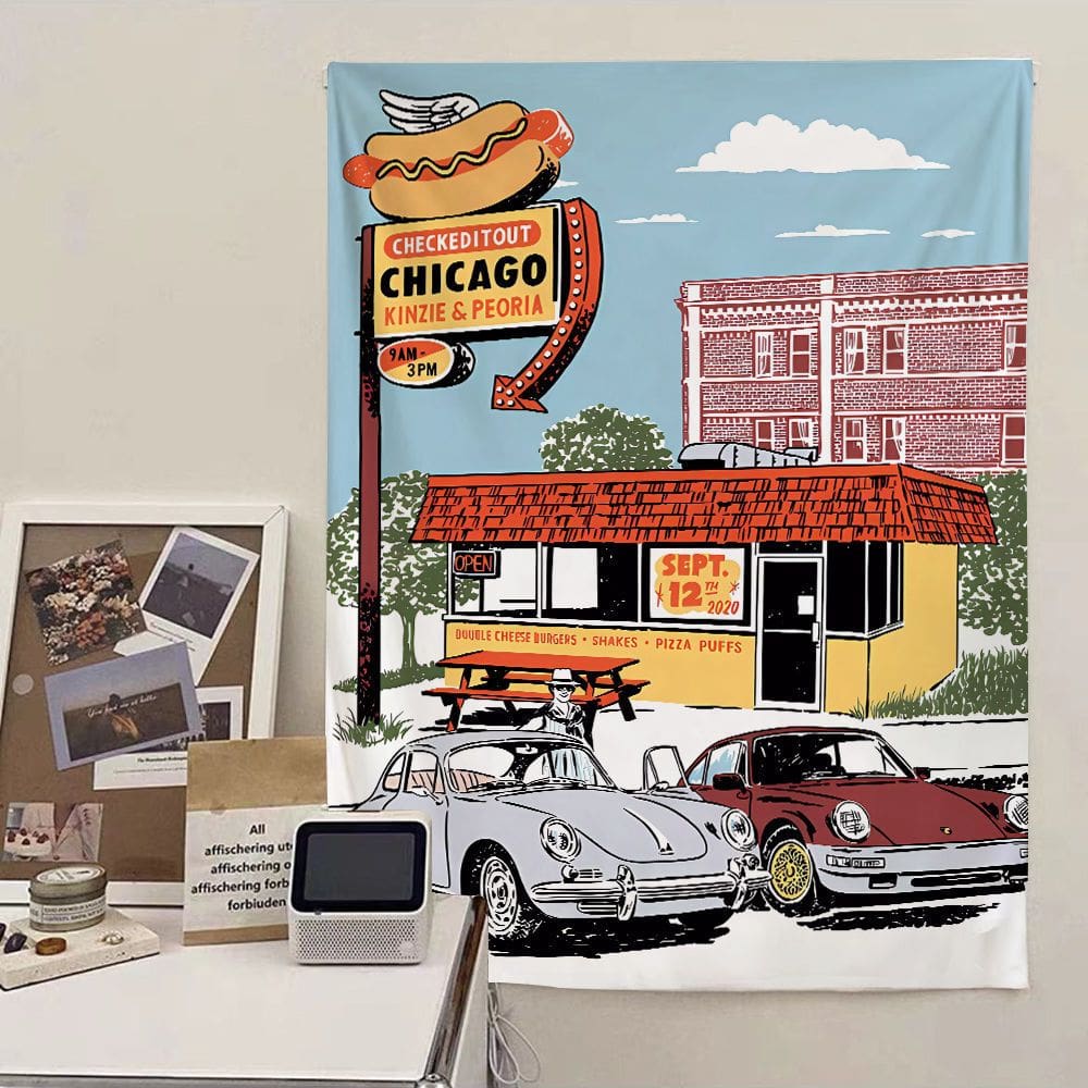 Tapeçaria vintage de Chicago para pendurar na parede 100x150cm de poliéster