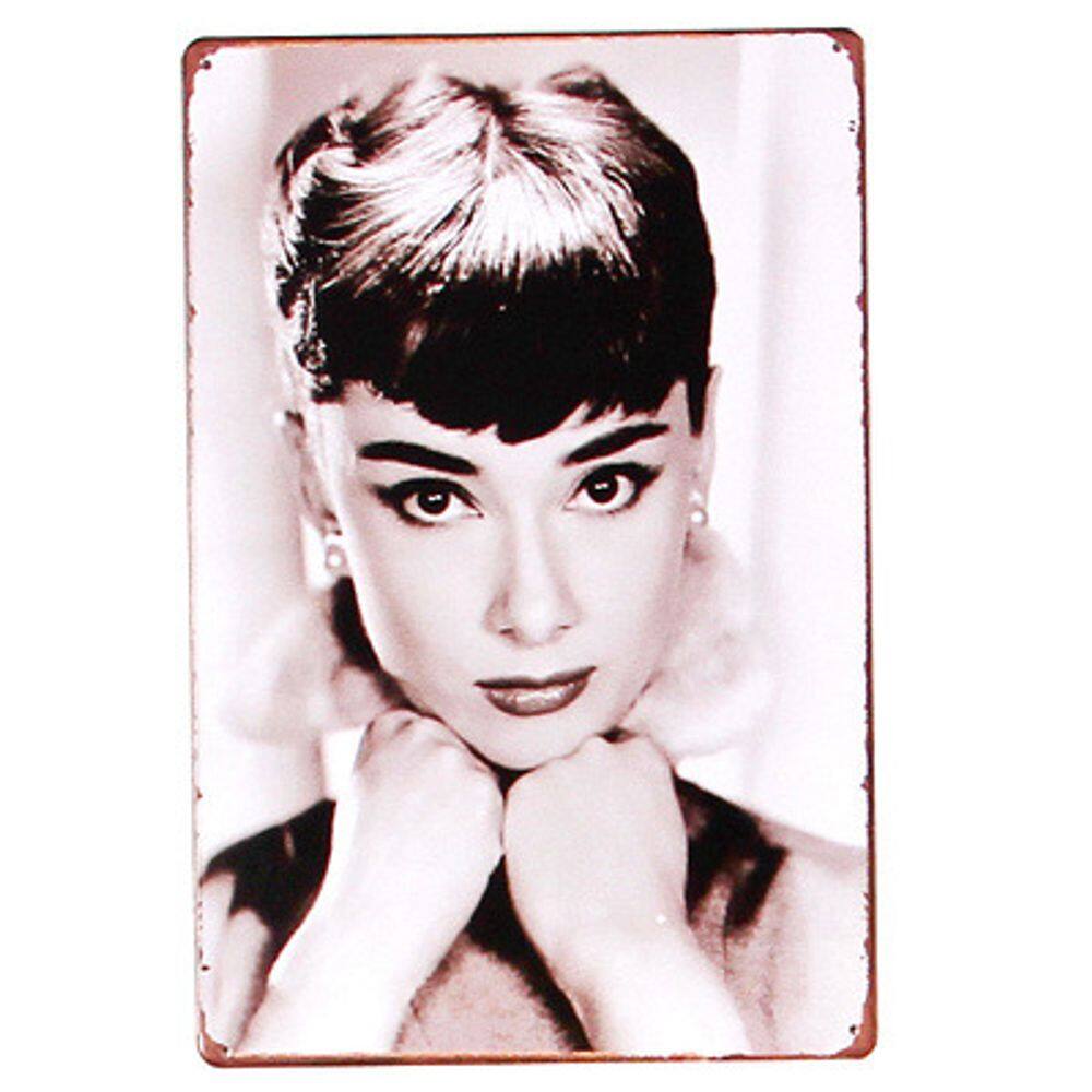 Decoração de parede com placa de estanho de metal Audrey Hepburn Vintage 20x30 cm