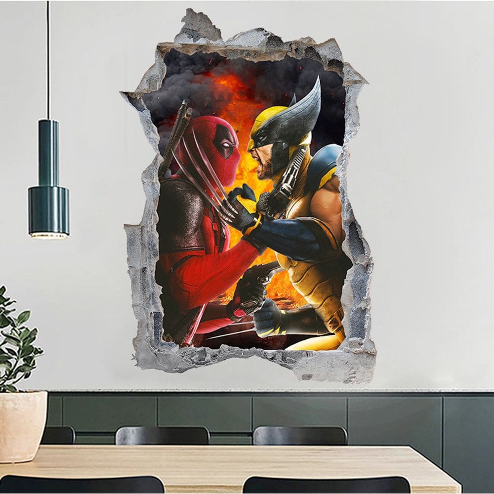 Adesivo de parede Deadpool vs Wolverine 3D para fãs da Marvel