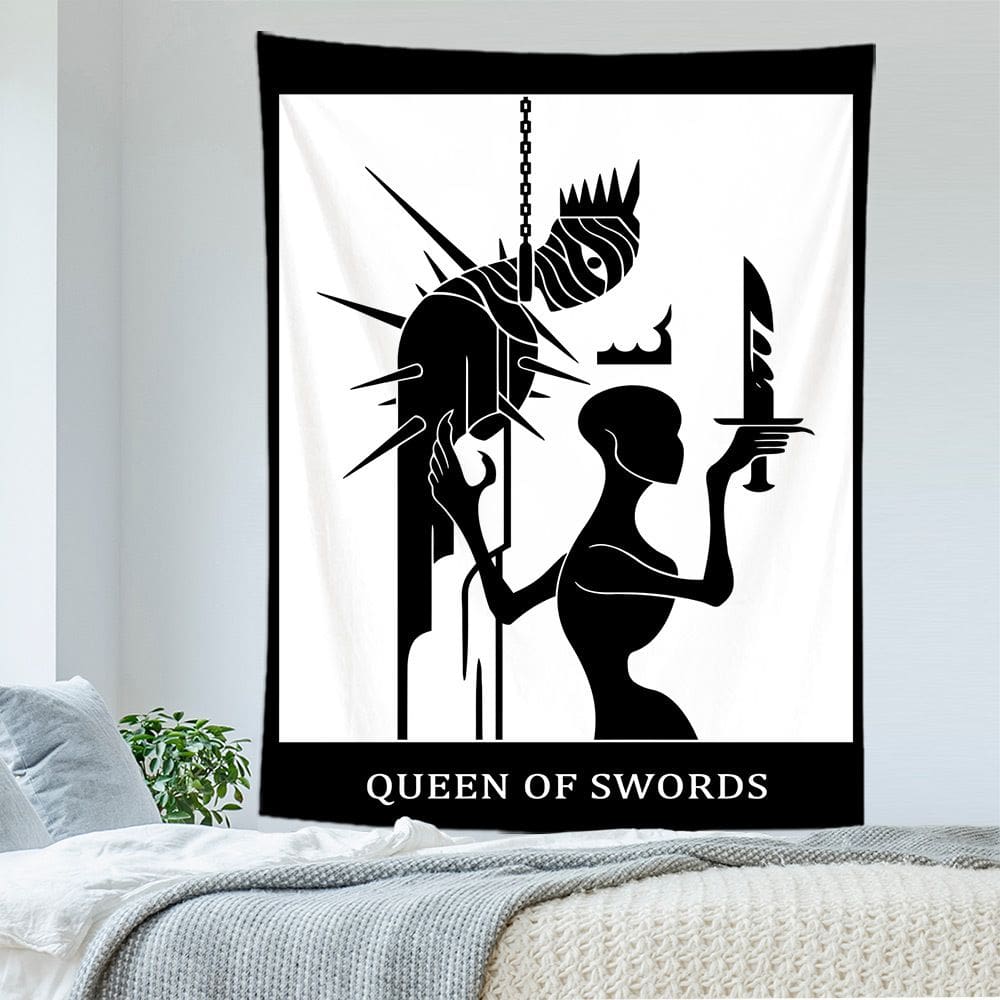 Tapeçaria para pendurar na parede Queen of Swords em preto e branco 100x150cm