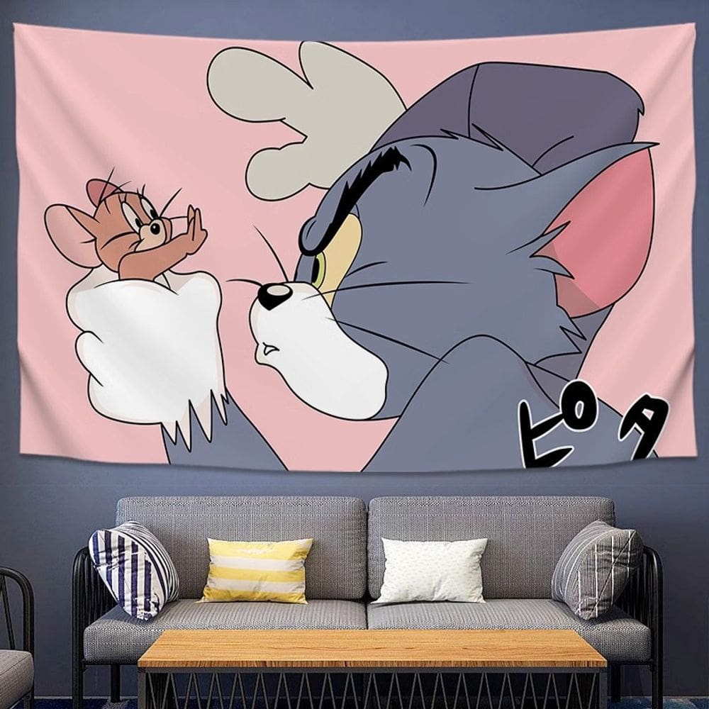 Tapeçaria, decoração de parede, arte fofa de gato e rato, 100x150cm