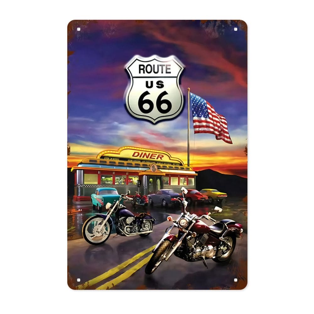 Decoração de parede com placa de ferro metálico Vintage Route 66 20x30cm