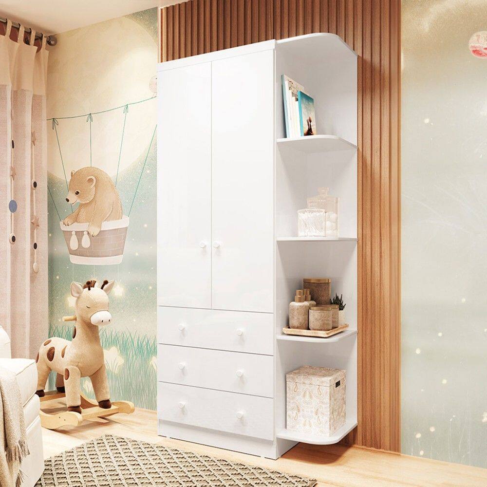 Guarda-Roupa de Bebê Smim New 2 Portas 3 Gavetas 5 Prateleiras 100% Mdf Branco - Móveis Peroba