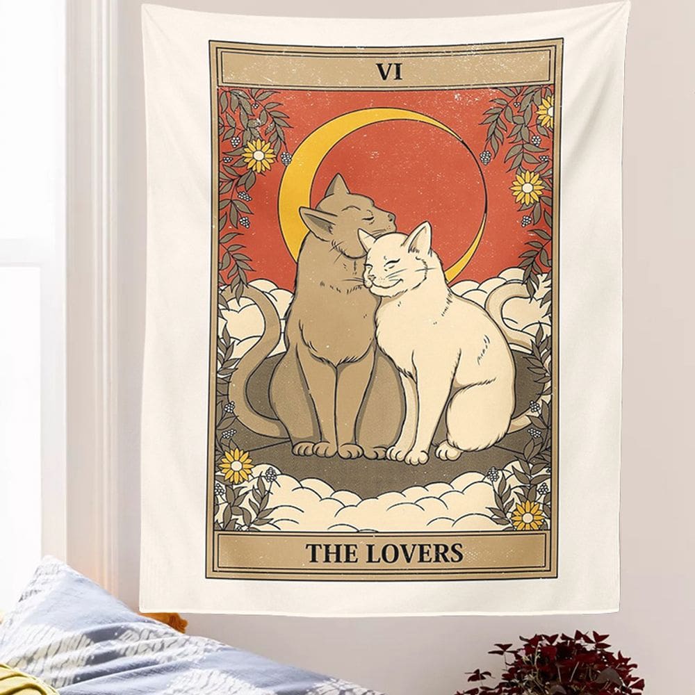 Tapeçaria para pendurar na parede Lovers Tarot Cat 100x150cm