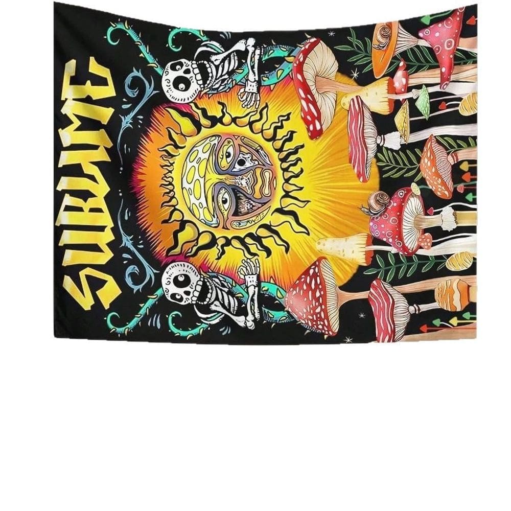 Tapeçaria para pendurar na parede Sublime com esqueletos e cogumelos 100x150cm