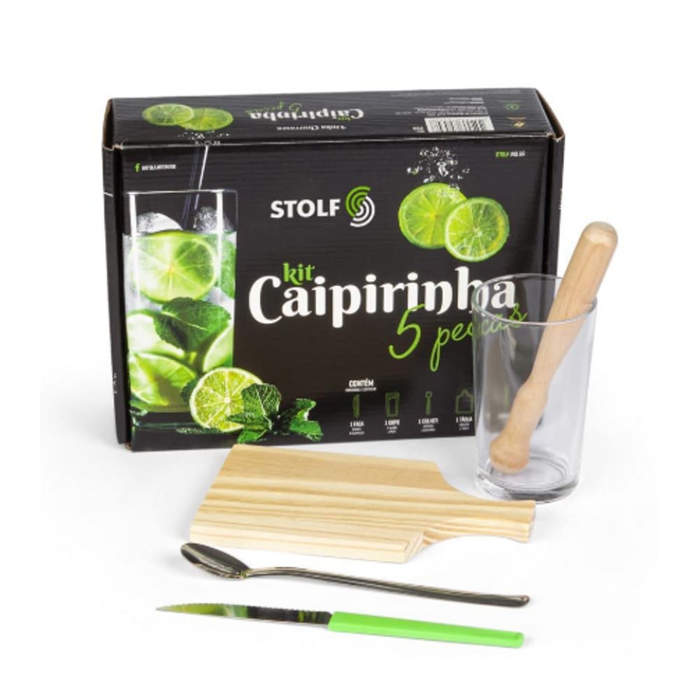 Kit Caipirinha 5 Peças (1 tabua-1 copo  -1 socador -1 colher-1 faca)