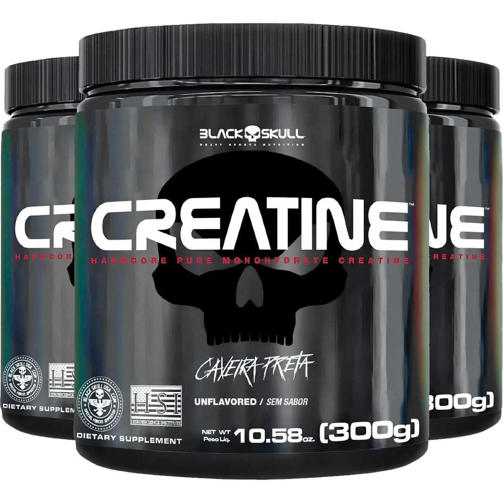 Creatina Black Skull 100% Pura 300g - Kit 3 Potes Sem Sabor