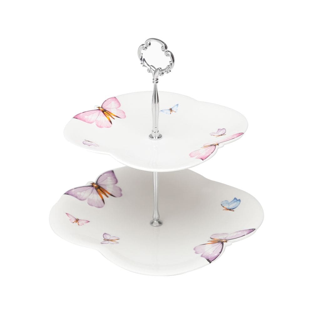 Prato Duplo de Porcelana Branca P/Doces Borboletas 23,5x19cm Wolff