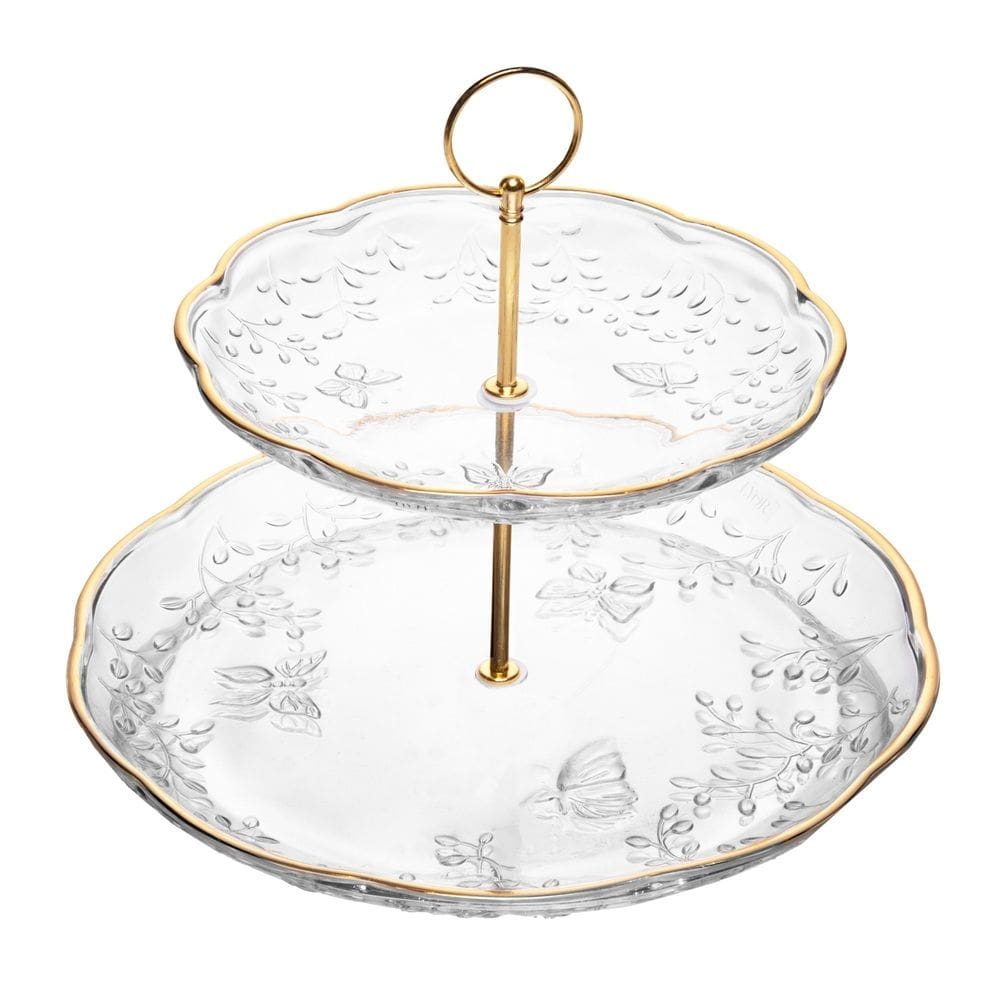 Prato Duplo de Cristal P/Doces New Butterfly Transparente C/Fio de Ouro 26,5x20cm Lyor