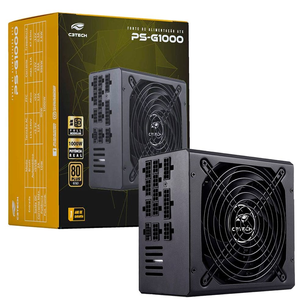 Fonte Gamer C3Tech PS-G1000, 1000W Real, Full Modular, 80PLUS Gold, PCIe 5.0, Silenciosa, PFC Ativo
