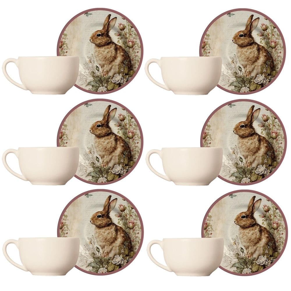 Jogo de Xícaras de Chá Páscoa Coelho Acácia - 12 Peças - Alleanza