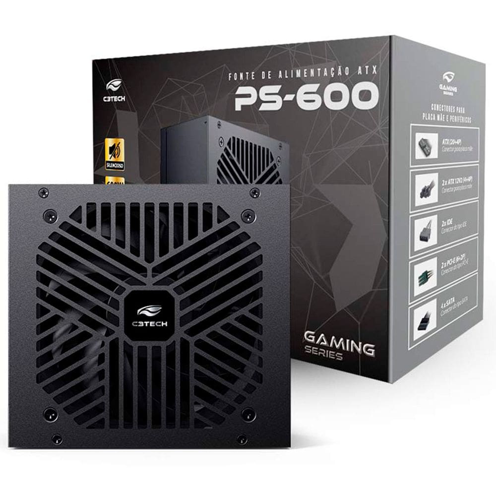 Fonte Gamer C3Tech PS-600BK 600W Real, Silenciosa - Preta