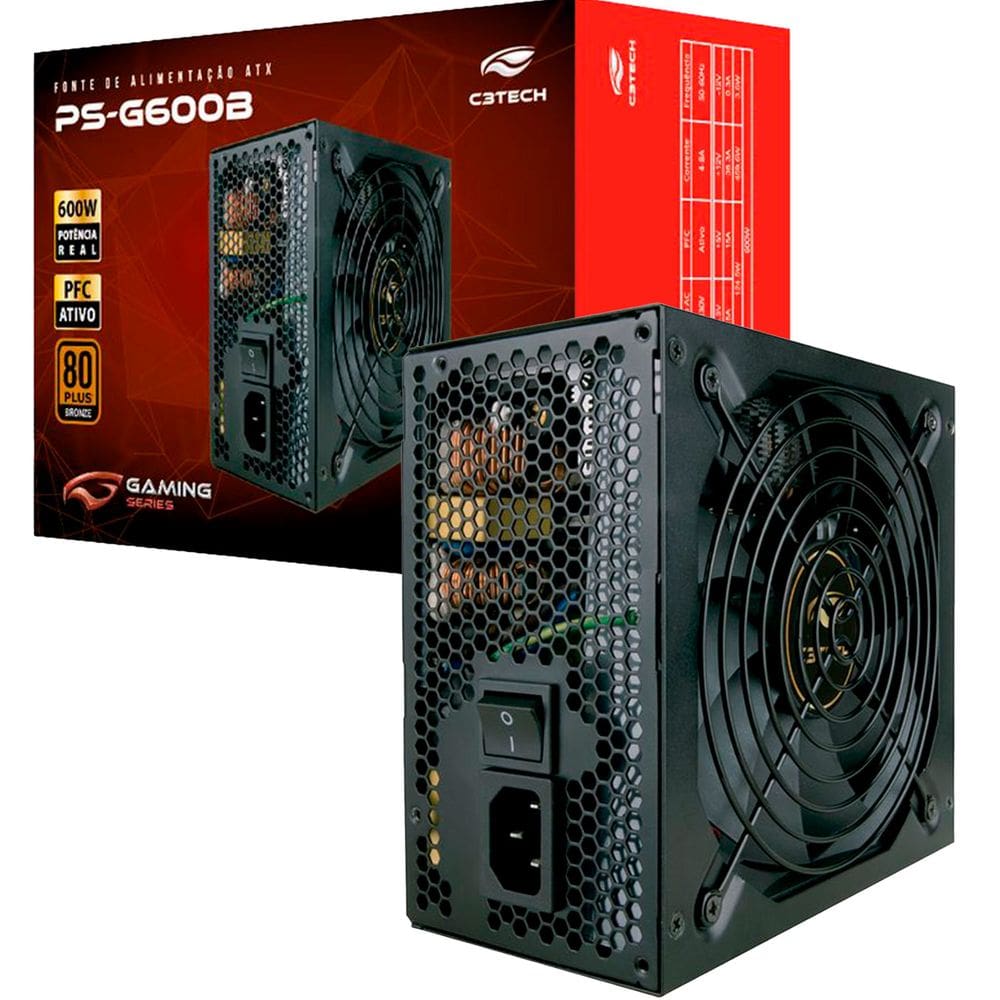 Fonte C3Tech 600W Real, 80 Plus Bronze, PFC Ativo, Bivolt Automático, Silenciosa, Fan 120mm - PS-G600B