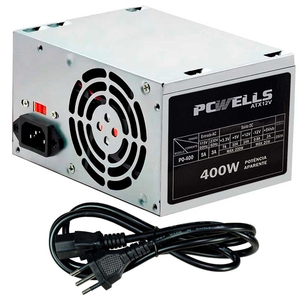 Fonte PCWells 250W, Bivolt Manual, Silenciosa, C/ Cabo de Energia - P0-400