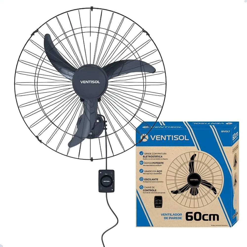 Ventilador Oscilante Parede 60cm Bivolt 200w Potente Preto 60 Cm 50hz/60hz Preto 127/220v Plástico 3