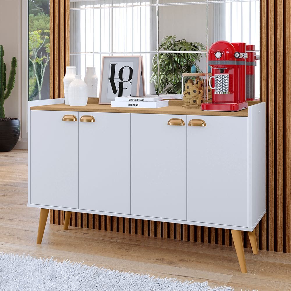 Aparador Buffet Kiev Cantinho Café 4 Portas Puxador Concha Prateleira Pés Retrô Sala Estar Cozinha - Branco/Hanover