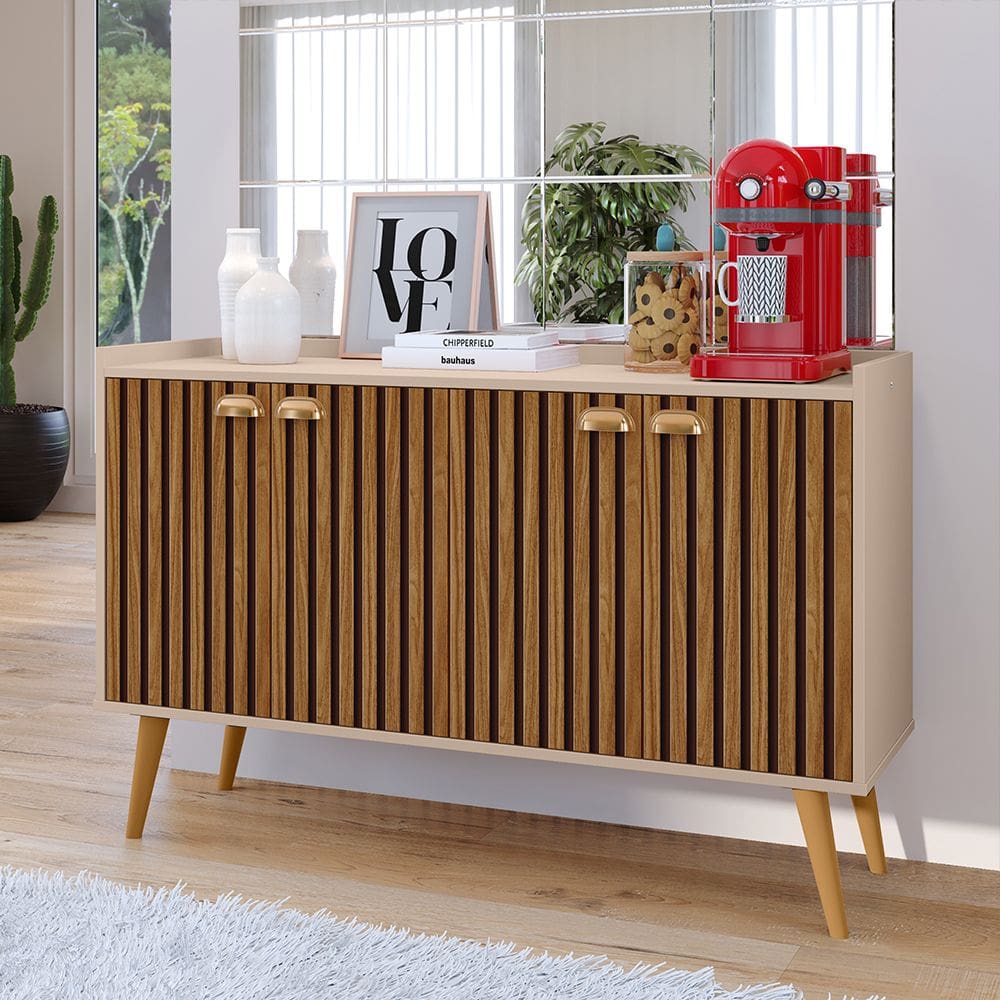 Aparador Buffet Kiev Cantinho Café 4 Portas Puxador Concha Prateleira Pés Retrô Sala Estar Cozinha