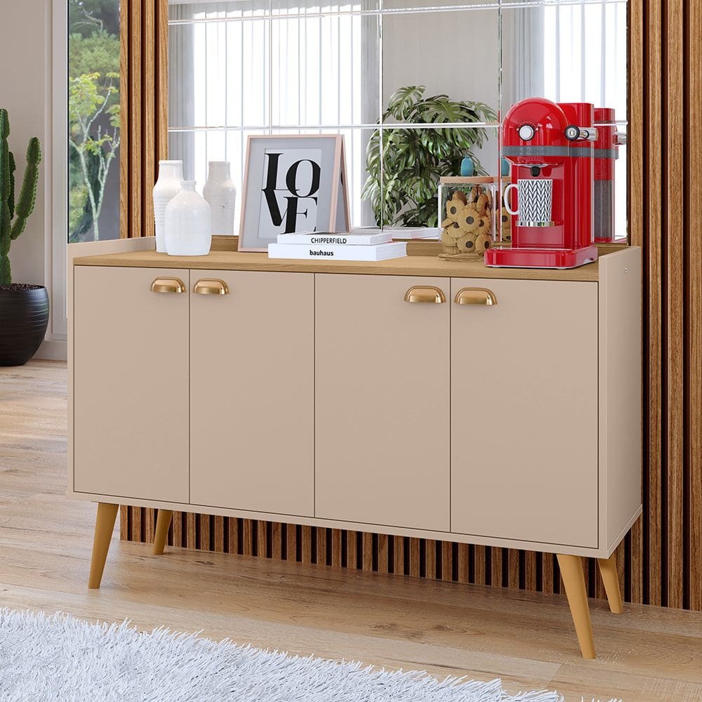 Aparador Buffet Kiev Cantinho Café 4 Portas Puxador Concha Prateleira Pés Retrô Sala Estar Cozinha - bege/marrom