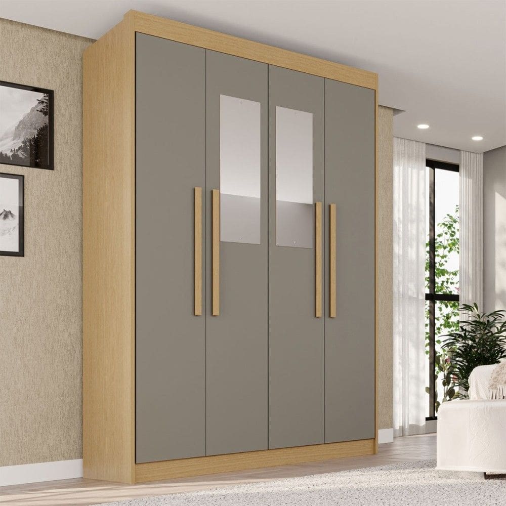 Guarda-Roupa Solteiro Weather com Espelho 4 Portas 3 Gavetas 100% Mdf Jequitibá/Granizo - Pnr Móveis