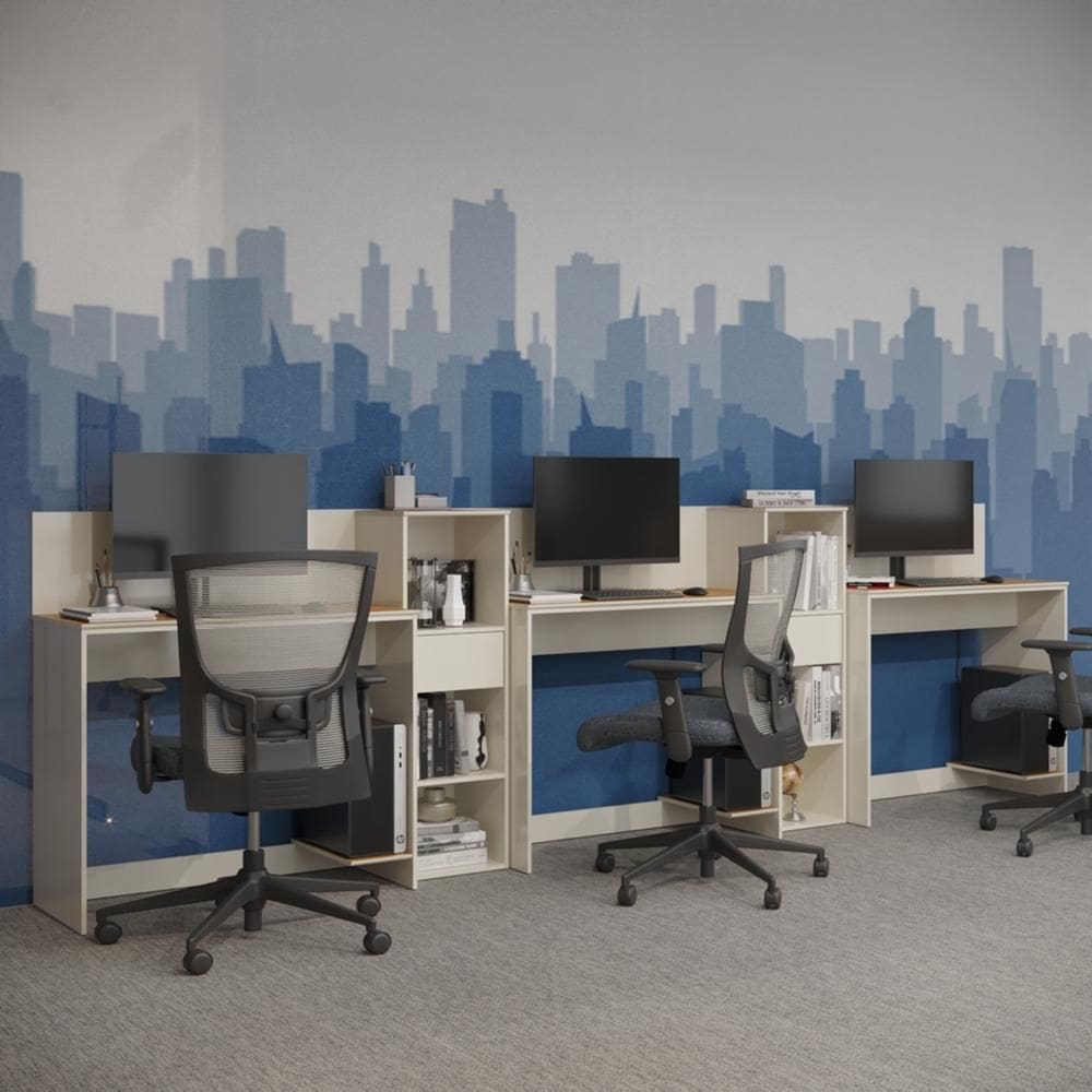 Conjunto de Escritório Moscou 2 Armário Estante Livreiro Multiuso e 3 Mesas Office  90cm - Vianossa