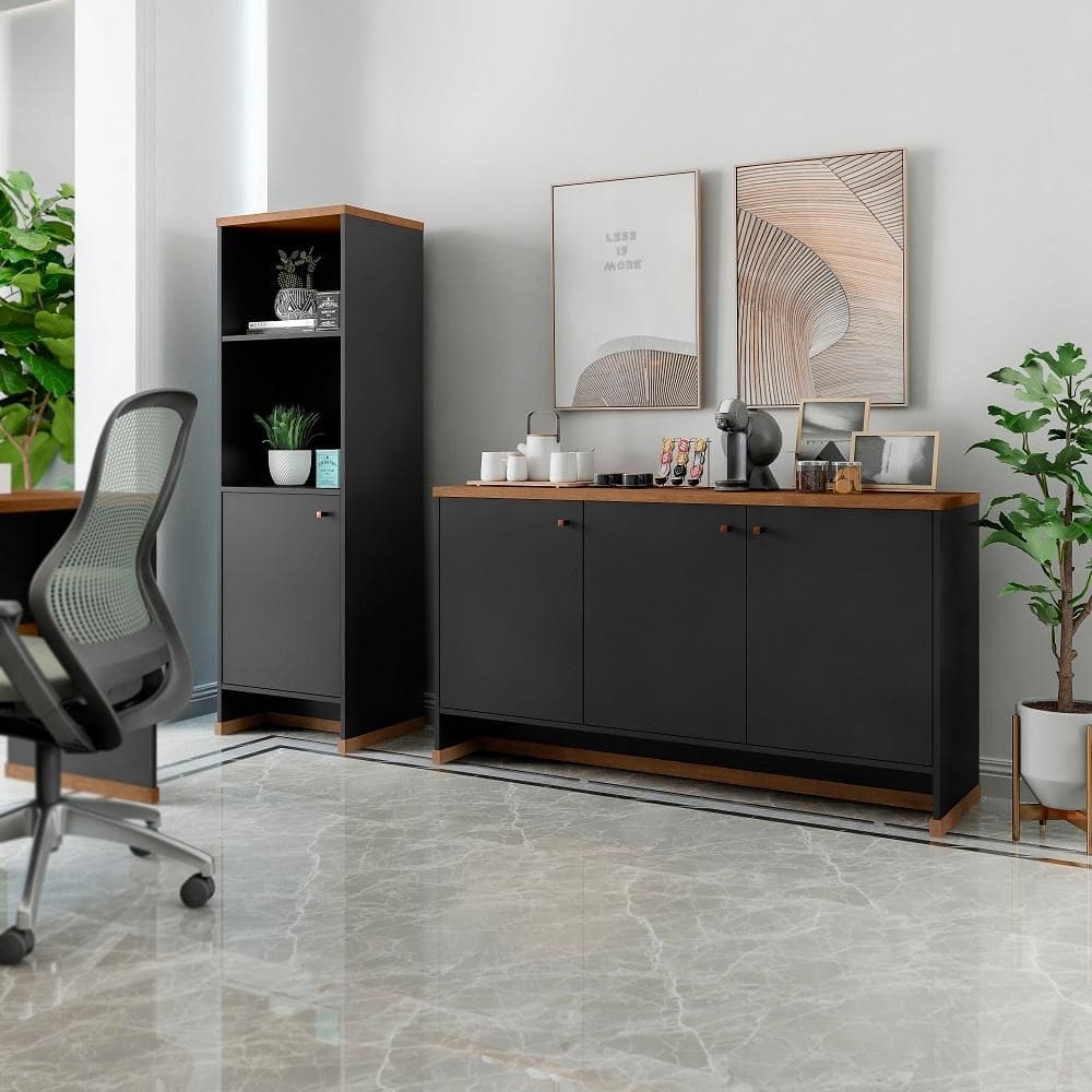 Kit Escritório 2 Peças - Aparador Buffet e Armário Livreiro Organizador Áustria - Vianossa