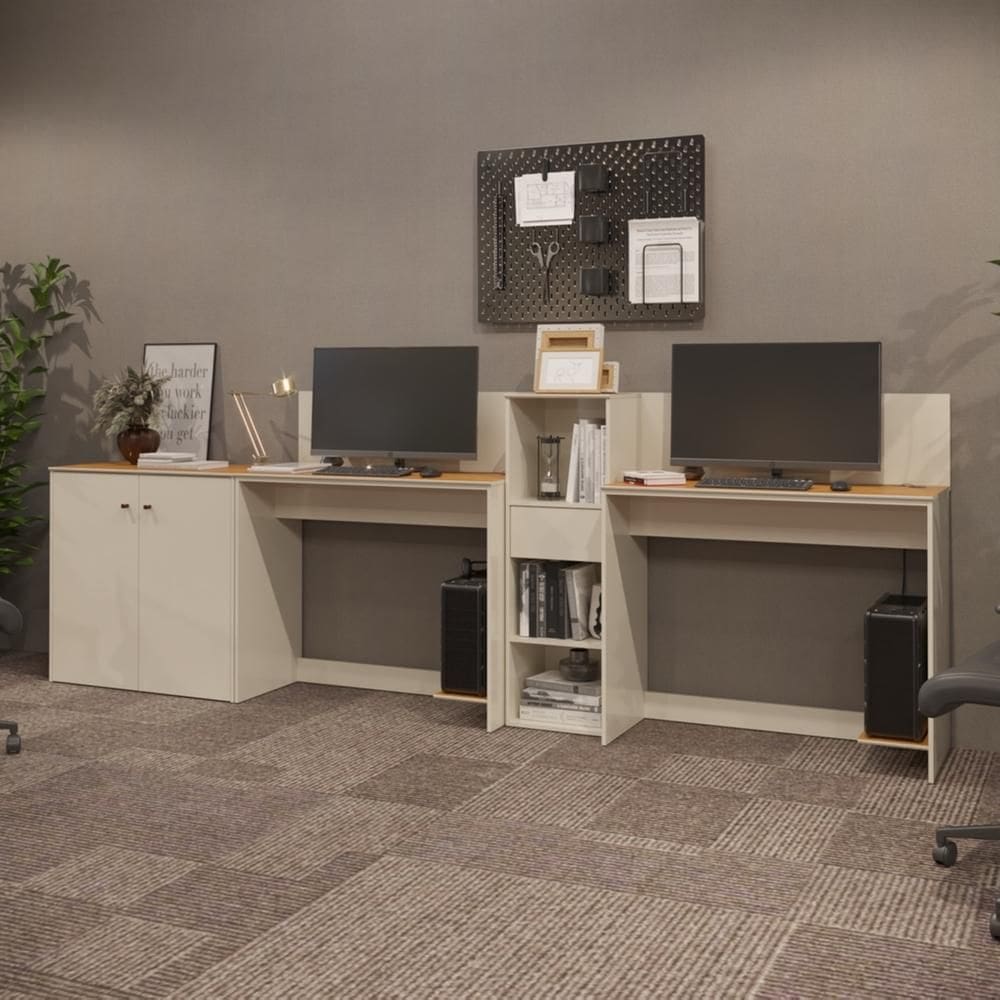 Conjunto de Escritório Moscou 1 Estante Livreiro 1 Armário Buffet e 2 Mesas 90cm - Vianossa