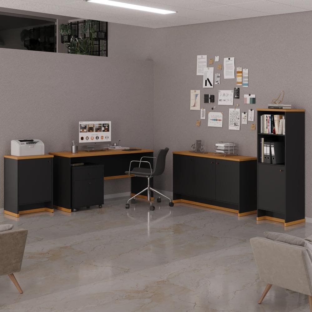 Conjunto Escritório Office Escrivaninha Balcão 1 Porta Gaveteiro Estante e Buffet  Austria - Via Nossa