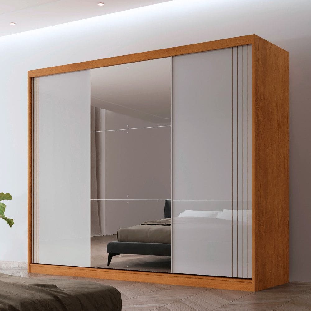 Guarda Roupa Casal Connor MDF 3 Portas e 4 Gavetas 6 Prateleiras com Espelho Moderna Mobilia