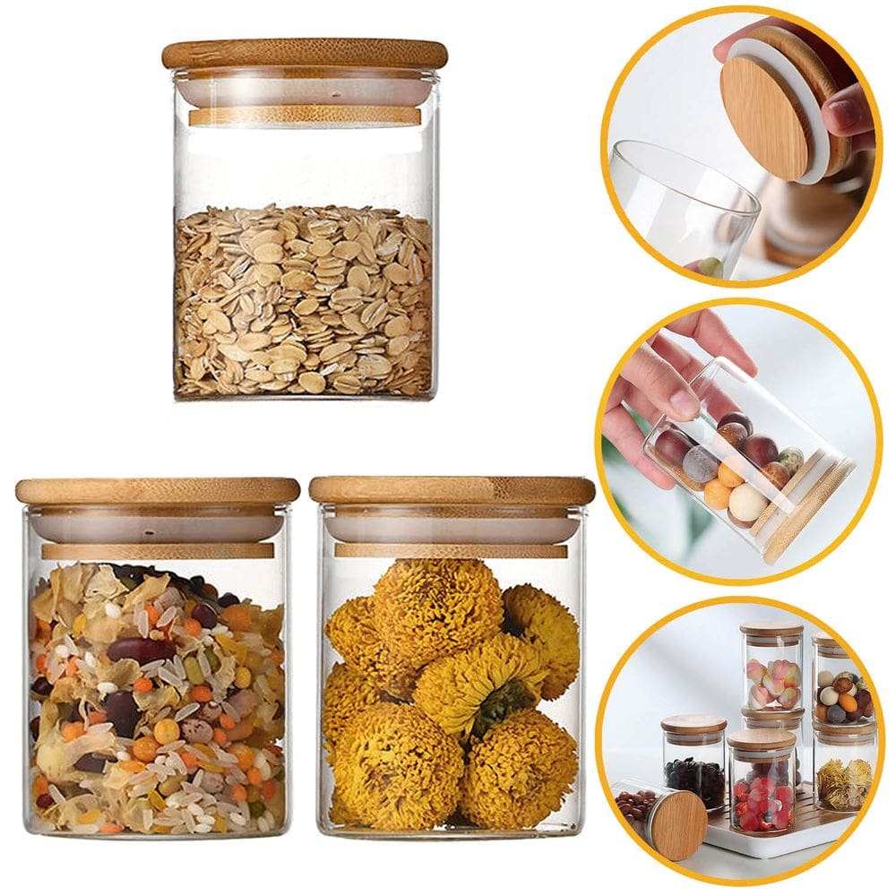 Kit 3 Potes Herméticos de Vidro com Tampa de Bambu 200ml para Temperos e Condimentos