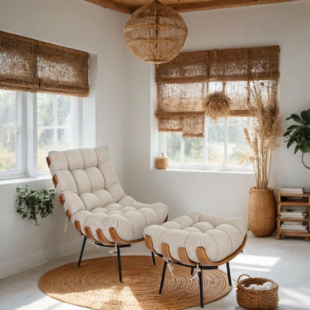 Poltrona Com Puff Costela De Base Fixa Veludo Bege