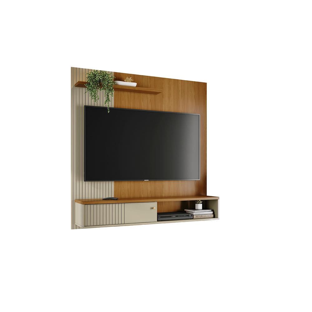 Painel para TV Aurora com Bancada Suspensa e Porta Basculante 160,5 cm Cumaru e Opala Liberty Móveis