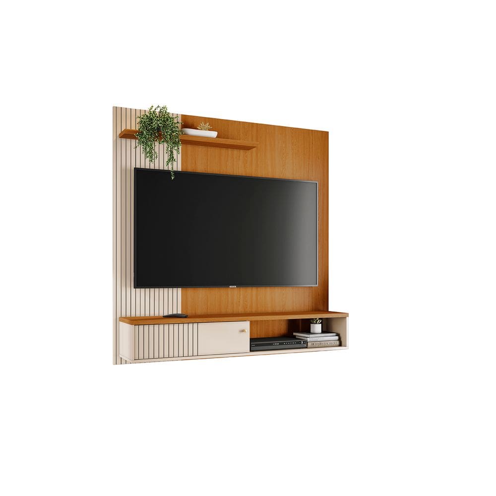 Painel para TV Aurora com Bancada Suspensa e Porta Basculante 160,5 cm Cinamomo e Off White Liberty Móveis