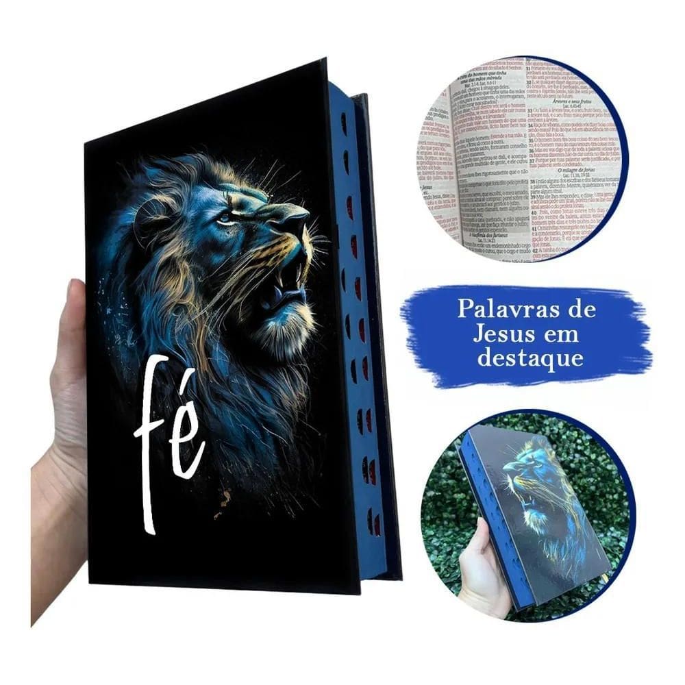 Bíblia Evangélica Leão Fé Azul Com Harpa Arc Letra Média