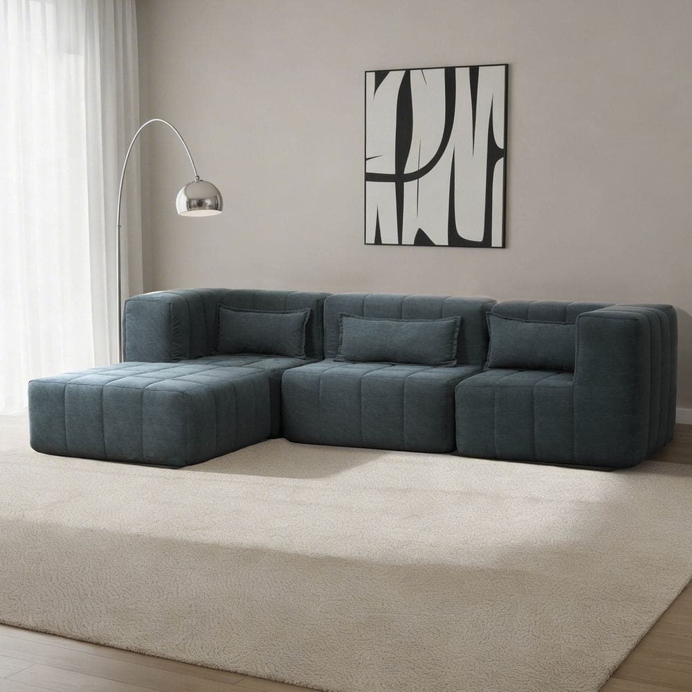 Sofá Modular 3 Lugares com Puff Easybox Cabecasa Madeiraoriginals Cotelê Verde Escuro