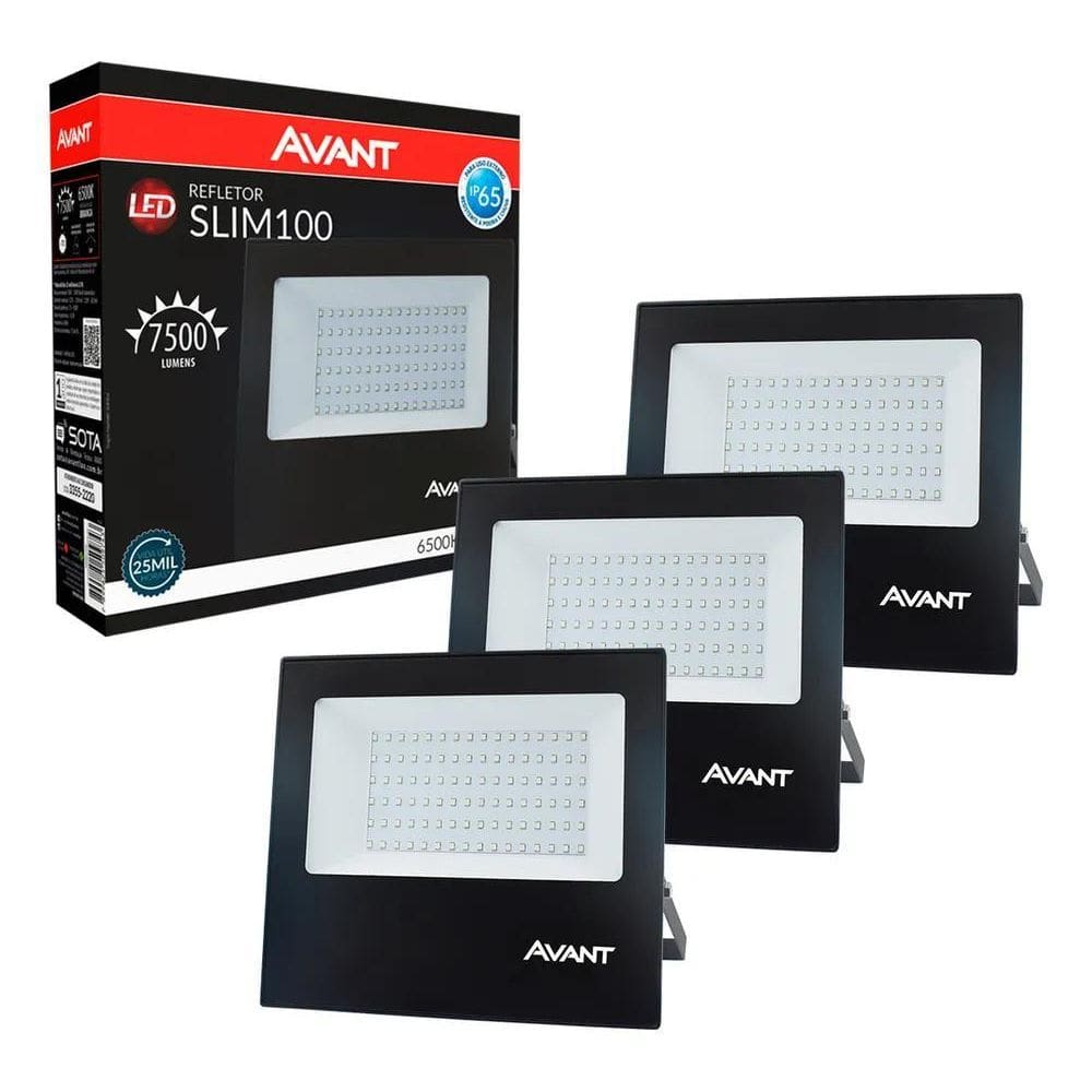 Kit 3 Refletores Led 100W Branco Frio Avant Externo Ip65