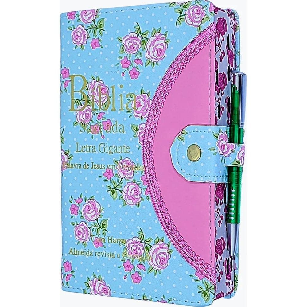 Bíblia Harpa Feminina Grande Cor Verde-Rosa Com Caneta