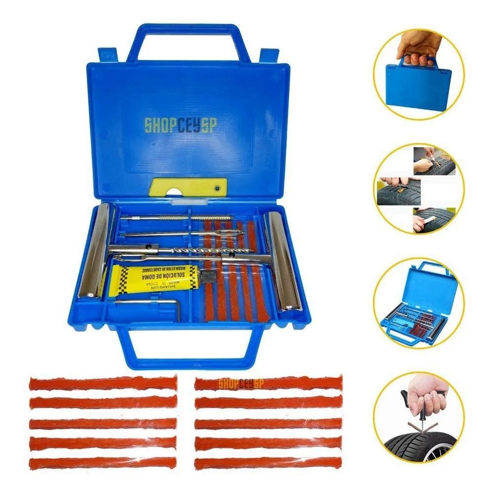 Kit Reparo Pneu Sem Câmara Moto/Carro: 15 Remendos + Maleta