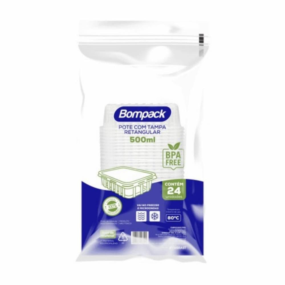 Marmita Pote Retangular Com Tampa 500ml Com 24un Bompack