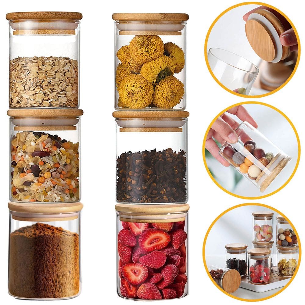 Kit 6 Potes Herméticos de Vidro com Tampa de Bambu 200ml Temperos Condimentos