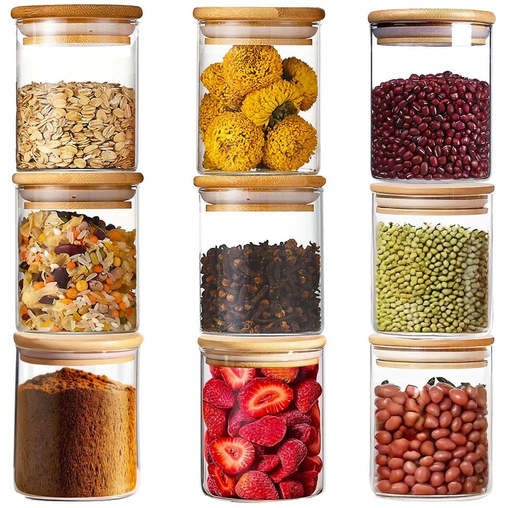 Kit 9 Potes Vidro 200ml Hermético Tampa Bambu Porta Temperos e Condimentos