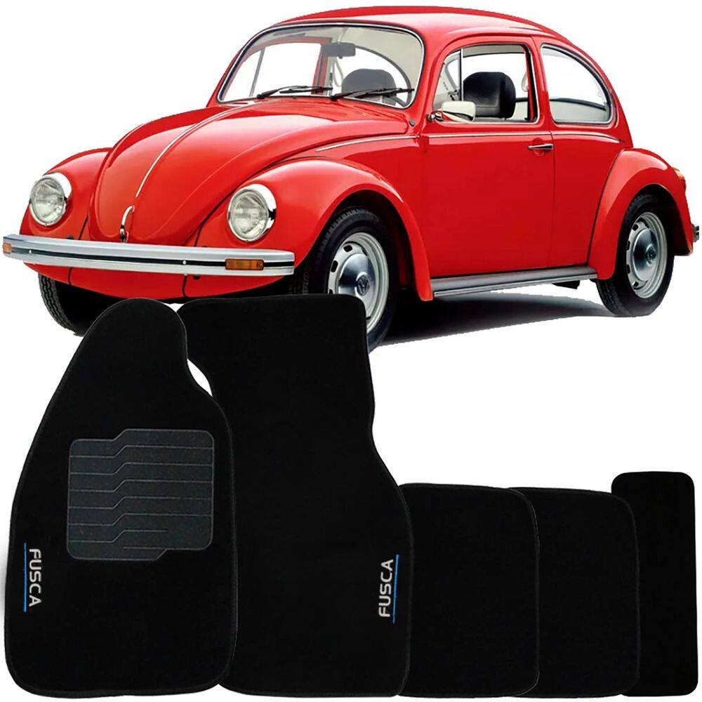 Tapete Carpete Fusca 1951 à 1996 Preto Logo Bordado Jogo 5 Peças Personalizado Automotivo