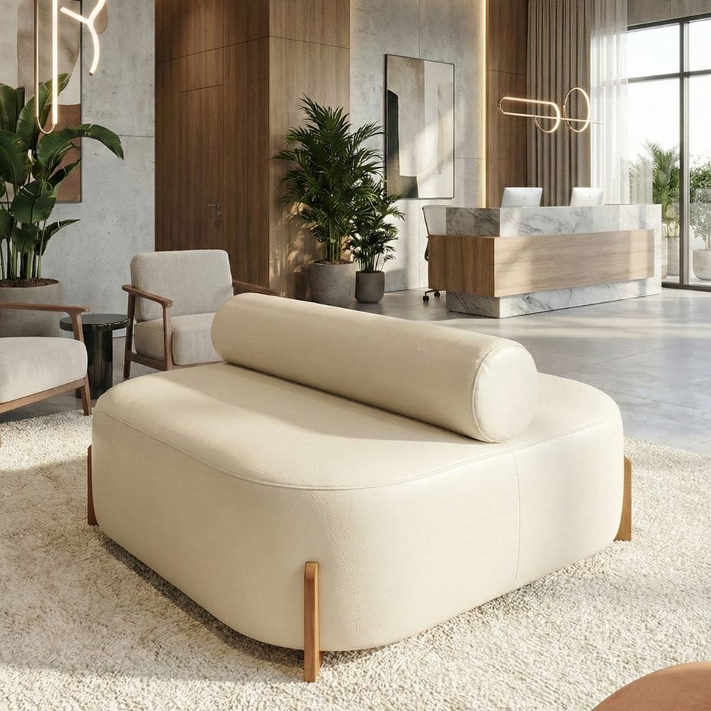 Poltrona Ilha Recepção Corino Modena Bege | Design Sofisticado Loja Consultório - Montanari`s Decor