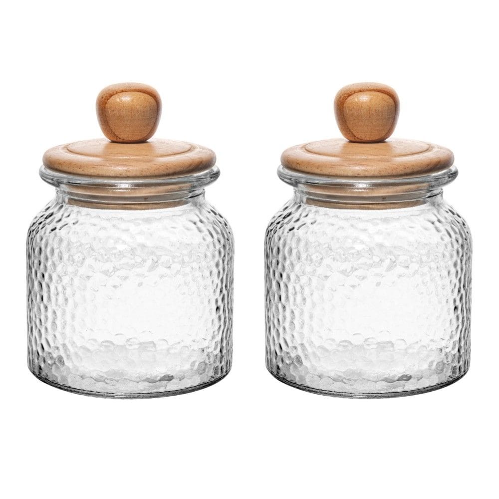 Conjunto 02 Potes de Vidro Martelado com Tampa Hermética de Bambu 640ml Wolff