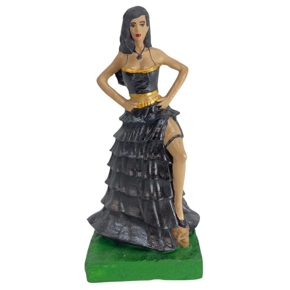 Escultura Pomba Gira Preta E Dourada 24 Cm Com Crânio No Pé